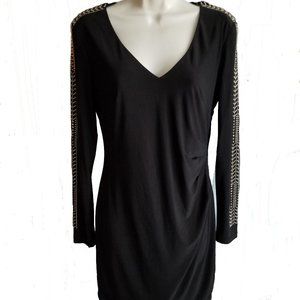 NWT Crystal Doll Black Dress Gathered Side Gold Trim on Sleeves